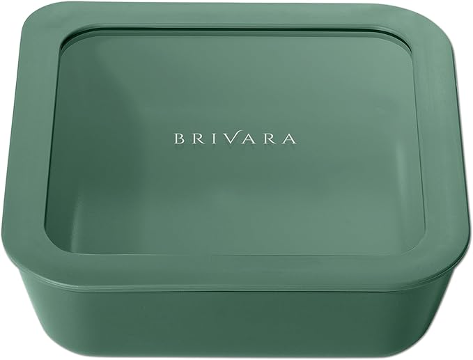 BRIVARA HOME Ceramic Coated Glass Food Storage Container | No PTFE, PFOA, PFAS, and BPA | Reusable Non Toxic Meal Prep Container with Glass Lid | Easy To Store | 5 Cup Square [Pine]