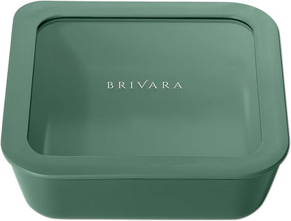 BRIVARA HOME Ceramic Coated Glass Food Storage Container | No PTFE, PFOA, PFAS, and BPA | Reusable Non Toxic Meal Prep Container with Glass Lid | Easy To Store | 5 Cup Square [Pine]