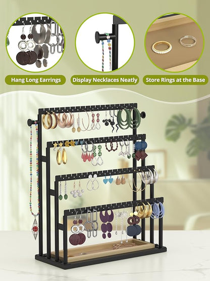 Earring Holder Organizer, 4-Tier Metal Jewelry Display Stand with Wooden Storage Organizer, Large Earring Holder for Studs, Hoops, and Dangles, Modern Jewelry Organizer for Women