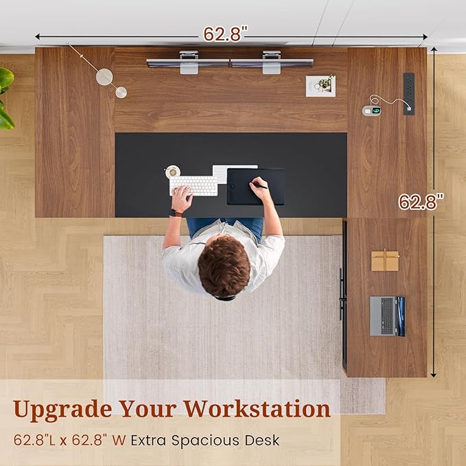 63" Executive Desk with Mobile File Cabinet, Large Office Desk with Drawer, Modern L Shaped Desk with Power Outlets, Storage Shelves, Corner Computer Desk Business Workstation Set (Walnut)