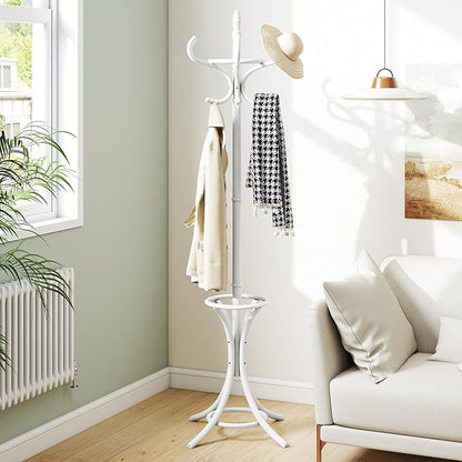 Tangkula Coat Rack with Umbrella Holder, 73 Inch Freestanding Coat Hanger Stand with 12 Hooks, Wooden Entryway Coat Tree for Clothes, Bags, Hats, Scarves, Living Room, Bedroom, Hallway (White)