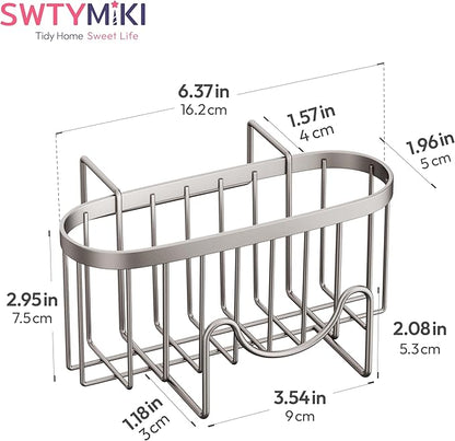 SWTYMIKI Sponge Holder for Kitchen Sink - Movable Kitchen Sink Caddy with M Shape Hook, Stainless Steel Hanging Sponge Caddy for Dish Sponge, Brush, Stopper Organizer in Double Sink, Sand Nickel