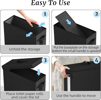 NAMTSO Bathroom Toilet Paper Storage with Lid - for Up to 12 Rolls | Storage Bins with Lids for Towel or Yarn | Free Standing | Foldable | Moisture Resistant | Clear Plastic Window | Black | 2 Pack
