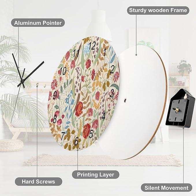 Retro Floral Wood Wall Clock, Vintage Flowers Botanical Garden Plants Herbs William Morris Style 12 Inch Silent Non-Ticking Battery Operated Round Clock for Bedroom Living Room Office Kitchen Decor