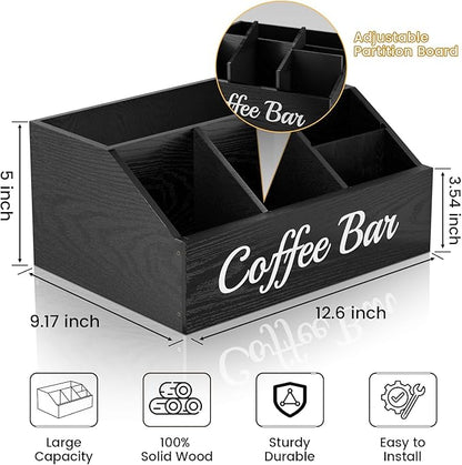 Coffee Station Organizer for Countertop – Wooden Coffee Bar Organizer with Adjustable Dividers,Holds K Cup Pod & syrup bottles, for Kitchen, Office, or Bar and Tea Station, Black