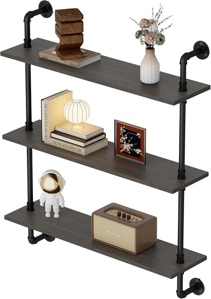 3-Tier Industrial Pipe Floating Shelf – Rustic 30 inch Wood Wall-Mounted Storage Shelf for Kitchen Office,Bathroom & Home Decor -Black