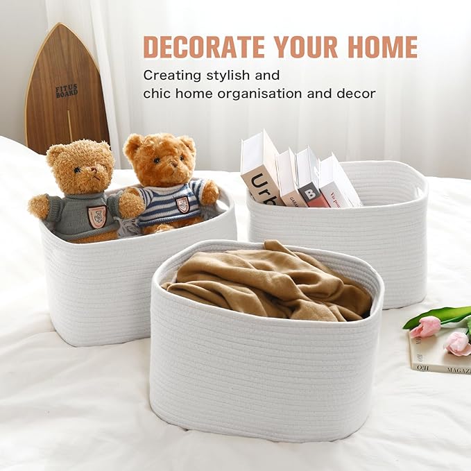 Cotton Rope Storage Basket, 15x10x9 Inches, Woven Basket for Shelves, Clothes, Towels, Books, and Laundry, White (3 Pack)