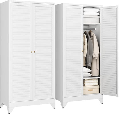 Letaya Metal Wardrobe Cabinets,71" Tall Armoire Wardrobe Closet with Fluted Doors and Shelves,Large Coat Closet Cabinet with Hanging Rod,Clothing Storage Cabinets for Home Room (White)