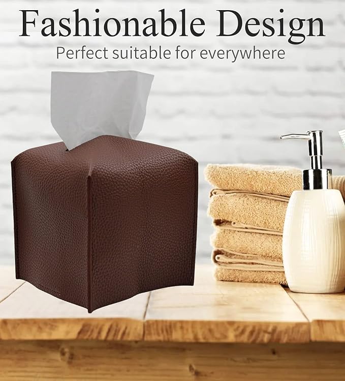 Livelab Tissue Box Cover, Square Decorative PU Leather Tissue Box Holder Modern Tissue Case Facial Paper Organizer Dispenser for Bathroom, Vanity Countertop, Night Stands, Desk 5X5X5'' | Dark Brown