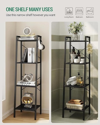 Ladder Shelf, Bookshelf Bookcase, Freestanding Corner Storage Shelve with 2 Hooks for Home Office, Living Room, Kitchen, Bedroom, Industrial, 11.8" D x 13.4" W x 47.2" H, Black BC13204B
