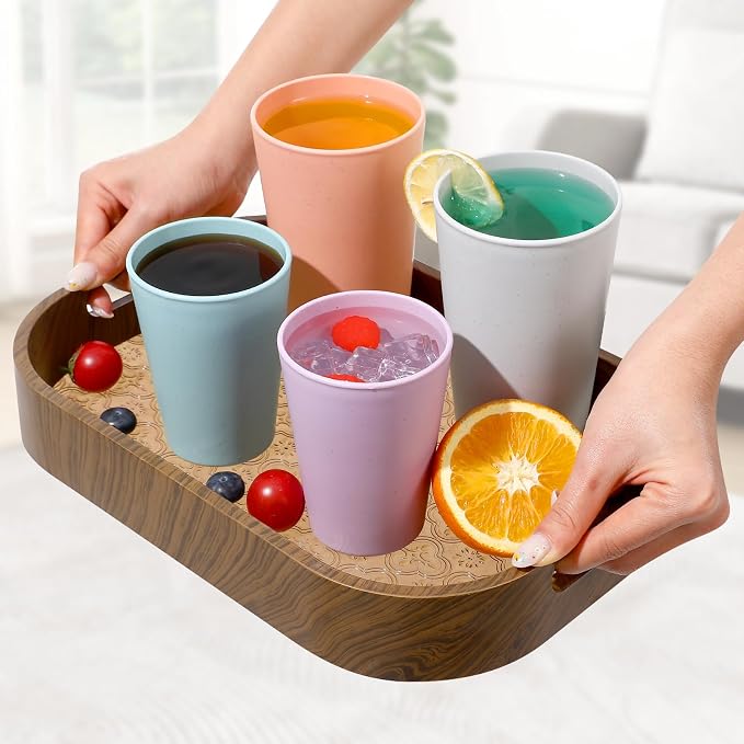 HEYCOME Set of 16 Wheat Straw Cups, 8 Pcs 20 oz & 8 Pcs 12 oz Unbreakable Drinking Cups, Reusable Plastic Cups Sets, Water Glasses Tumblers, Microwave & Dishwasher Safe, Bpa Free, 8 Colors