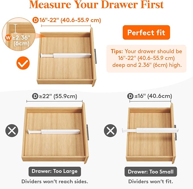 Lifewit 12 Pack 2.36" High Drawer Dividers 40-56cm/16-22 Adjustable Drawer Organizer for Clothes/Utensils, Expandable Drawer Separator in Dresser/Kitchen/Bedroom/Office Organization & Storage White
