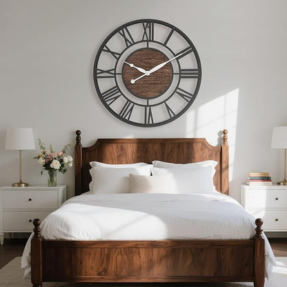 Pytha Sight 24 Inch Large Oversized Farmhouse Modern Decorative Wall Clock for Living Room,Silent Industrial Big Roman Numerals Vintage Metal Round Wall Clocks for Kitchen,Dinng Room,Office