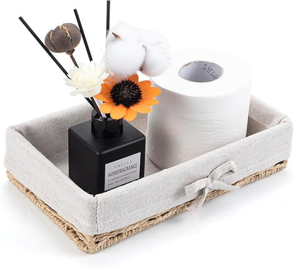 Bathroom Tray Wicker Toilet Paper Basket Toilet Tank Trays for Countertop Storage Behind Bathroom Tray Organizer Toilet Tank Top Basket Suitable for Any Home Décor Style (9.8x5.9x2.36 In, Beige)