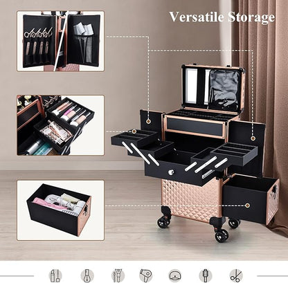 Professional Makeup Artist Rolling Train Case Multi-functional Cosmetic Train Case Large Trolley Storage Case for Nail Technicians Cosmetology Case for Hairstylist Rose Gold