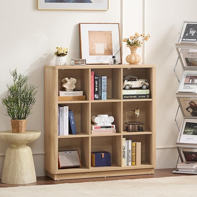 9 Cube Storage Book Shelf, 41" Tall Organizer Bookshelf with Curved Edge, Modern Floor Standing 3-Tier Cubby Bookcase with Base, Wood Display Book Case for Living Room, Home Office,Natural Oak
