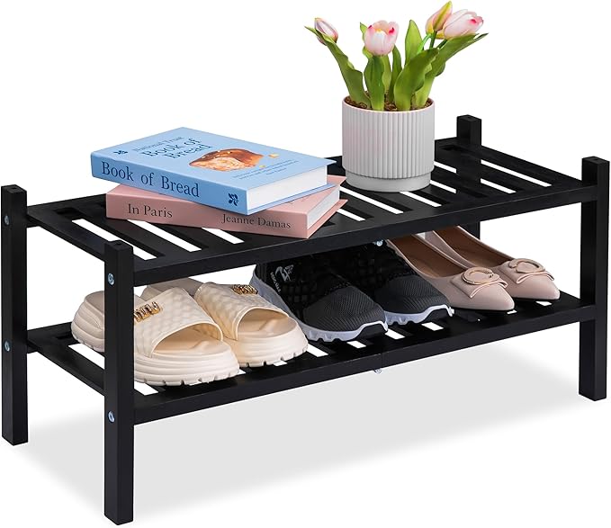 2 Tier Acacia Wood Shoe Rack, Shoe Storage Shelf, Stackable Organizer for Closet, Entryway Shoe Stand, Hallway, Garage, Wooden Shoe Storage Rack, Indoor, Outdoor (Black)