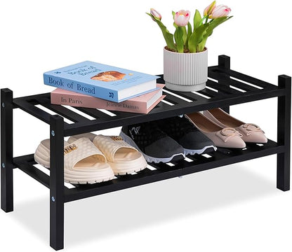 2 Tier Acacia Wood Shoe Rack, Shoe Storage Shelf, Stackable Organizer for Closet, Entryway Shoe Stand, Hallway, Garage, Wooden Shoe Storage Rack, Indoor, Outdoor (Black)