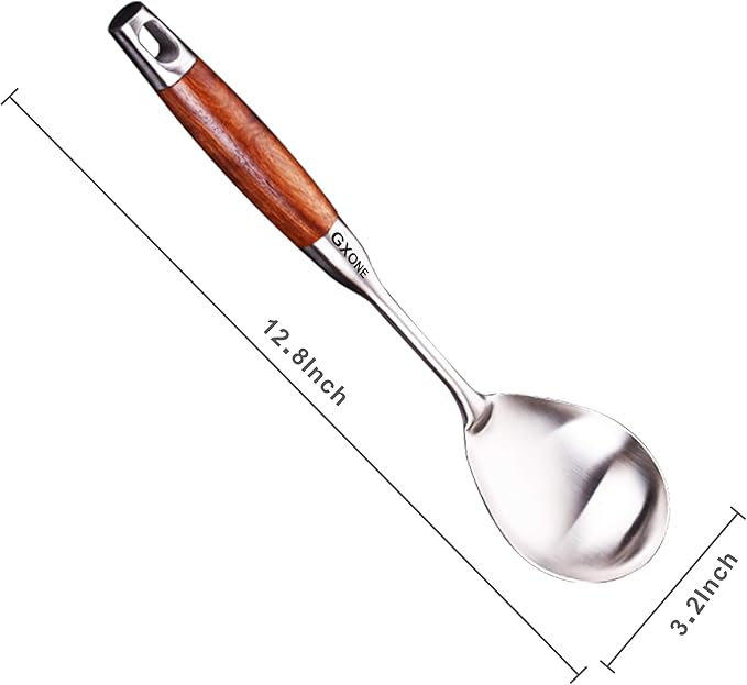 GXONE Large Serving Spoons,304 Stainless Steel Cooking Spoon with Heat Resistant Wooden Handle,Silver/12.4Inch