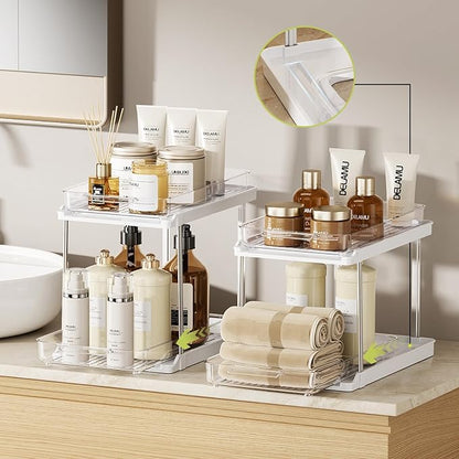 Delamu 2-Tier Bathroom Under Sink Organizers and Storage, Pull Out Cabinet Drawers with Anti-Slip Design, Multi-Purpose Storage for Kitchen, Pantry, Bathroom & Home Organization, White, 4 Pack