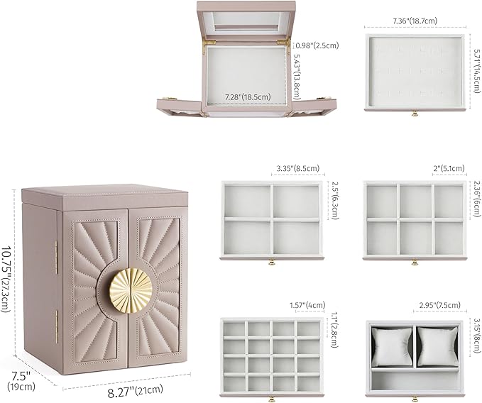 Jewelry Box for Women, 6-Tier Jewelry Organizer Box with Mirror, 5 Drawers Jewelry Storage Case for Ring Necklace Earring Bracelet, Light Taupe