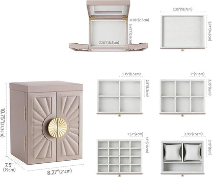 Jewelry Box for Women, 6-Tier Jewelry Organizer Box with Mirror, 5 Drawers Jewelry Storage Case for Ring Necklace Earring Bracelet, Light Taupe