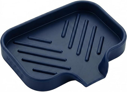 MicoYang Silicone Soap Dish with Drain Spout, Self-Draining Sink Organizer Tray for Bathroom and Kitchen, Sponges, Dispensers & Soap Holder, Non-Slip & Dishwasher Safe, Navy Blue (Compact, 4.9"×3.2")