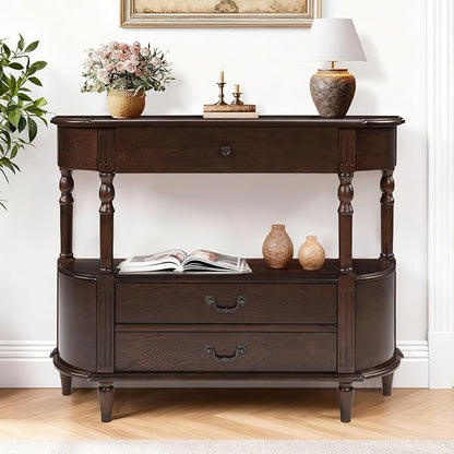 43" Retro Curved Console Table with Drawers, Solid Wood Half Moon Console Table Entry Sofa Table with Storage with Solid Pine Roman Legs Open Shelf for Small Spaces Living Room,Espresso