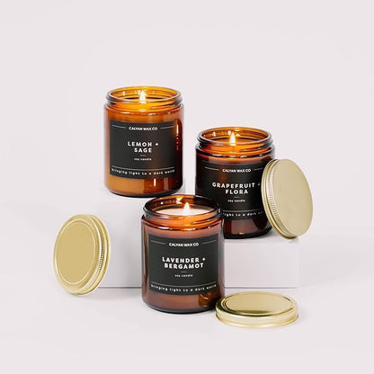 Calyan Wax Co. Cedar & Tobacco Scented Candle - 57 Hour Burn - Luxury Non Toxic Soy Wax Candles - Long Lasting Amber Glass Jar Candle for Home - 7.2oz