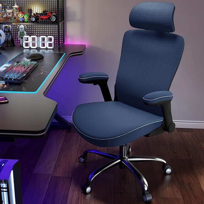 Office Home Ergonomic Desk Chair-Computer X-Shaped Chair Mesh PU Leather with Adjustable Lumbar Support-Executive Chair High Back Flip-Up Arms for Long Hours (Navy Blue)