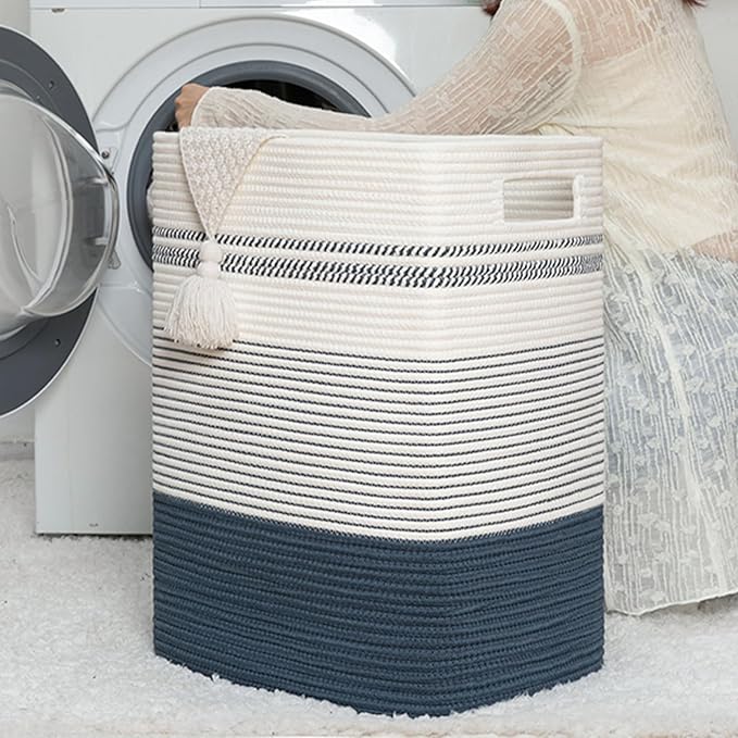 SIXDOVE Laundry Hamper, Large Woven Rope Tall Laundry Basket with Handles, 22" X 17" X 13", Decorative Storage Basket for Clothes and Blankets in Living room, Bedroom, Dark Blue& White
