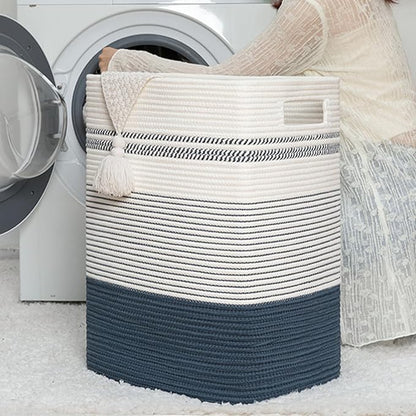 SIXDOVE Laundry Hamper, Large Woven Rope Tall Laundry Basket with Handles, 22" X 17" X 13", Decorative Storage Basket for Clothes and Blankets in Living room, Bedroom, Dark Blue& White