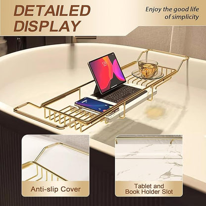 BVL Bathtub Tray Stainless Steel with Marble Base Gold Bathtub Tray with White Marble Base Adjustable & Rustproof Bath Caddy for Spa, Relaxation, Bath Bombs