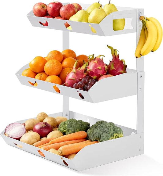GOENDR Fruit Basket for Kitchen Counter – 3 Tier Metal Fruit Bowl with Banana Hanger, Convertible to 2 Tier, Large Capacity Countertop Organizer for Fruit Vegetables Bread Snack Produce Storage