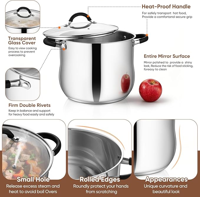 P&P CHEF Stainless Steel Stock Pot, 10 Qt Cooking Soup Pot with Visible Lid for Pasta, Tri-Ply Bottom & Dual Heatproof Handles, For Induction Gas All Stoves, Non-Toxic & Dishwasher Safe