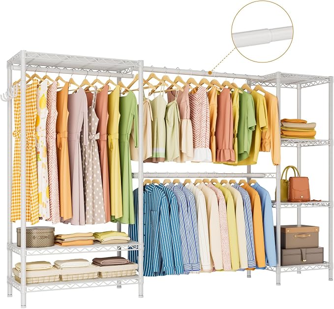 Golpart Heavy Duty Garment Rack Clothes Rack,Large Metal Closet Organizer System Storage Wardrobe,Freestanding Clothing Rack with 9 Adjustable Wire Shelves&3 Hang Rods,MaxLoad 1500lbs White