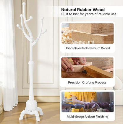 Wooden Coat Rack Freestanding with 8 Hooks, Heavy Duty Coat Hanger Stand with Stable Base, Vintage Coat Tree Standing Coat Racks for Entryway, Hallway, Bedroom (White)