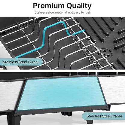 Urackify Large Dish Drying Rack - Triple Expandable Dish Rack for Kitchen Counter, Stainless Steel Sink Organization and Storage Essentials with Utensil & Pans Holder for Home and Appartment, Black