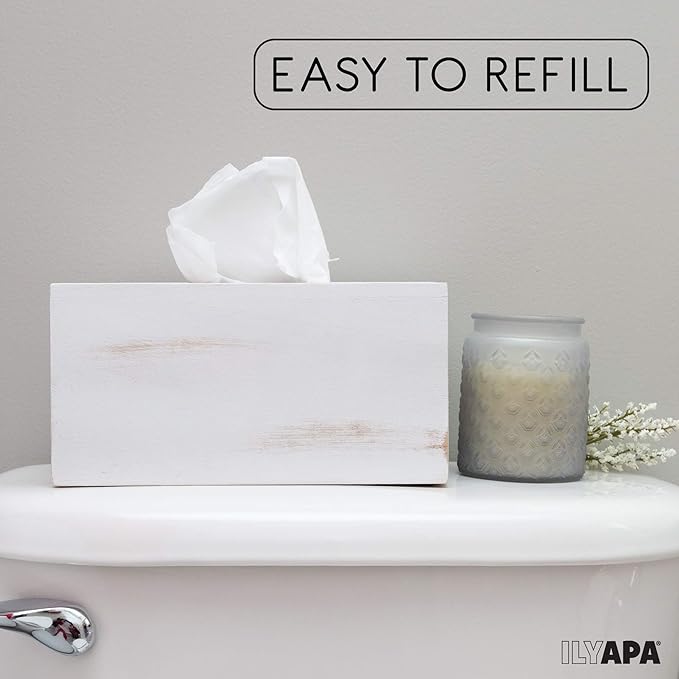 Ilyapa Wood Tissue Box Cover Rectangular - Rustic Farmhouse White Wooden Tissue Holder