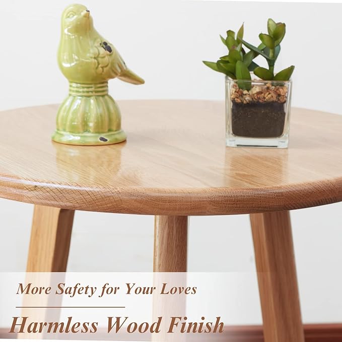 100% Solid Oak Small Side Table - Easy Assembly Round End Table with 3 Legs Pillars for Living Room, Bedroom, or Balcony - Mid Century Modern Nightstand for Small Spaces (Natural, 2)