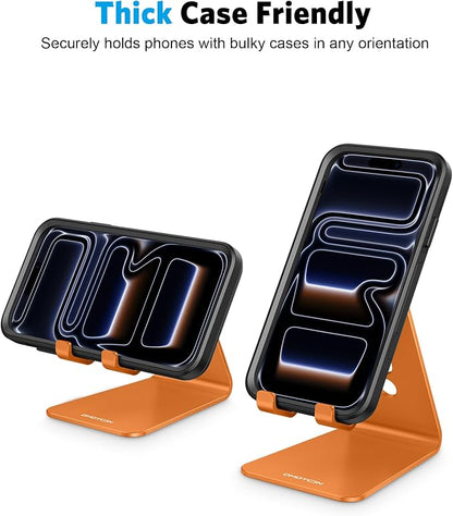 OMOTON Adjustable Cell Phone Stand, Aluminum Desktop Cellphone Stand with Anti-Slip Base and Convenient Charging Port, Fits All Smart Phones, Orange