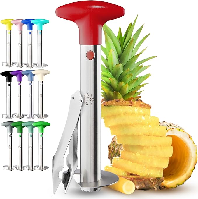 Zulay Kitchen Pineapple Corer and Slicer Tool – Stainless Steel Pineapple Cutter with Eye Remover Tool – Ergonomic Handle & Easy Core Remover – Reinforced Heavy-Duty Blade – Red