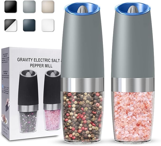 UNNEES Gravity Electric Salt and Pepper Grinder set of 2, Automatic Salt And Pepper Grinder Set, Adjustable Roughness, Battery Powered, LED Light, 2 Pack, (Light Grey)