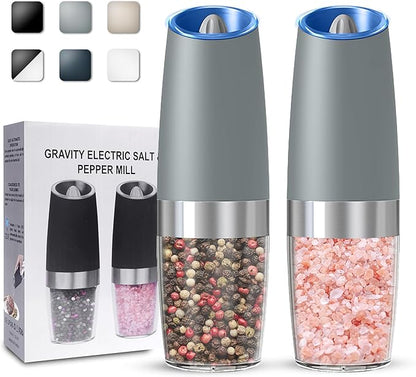 UNNEES Gravity Electric Salt and Pepper Grinder set of 2, Automatic Salt And Pepper Grinder Set, Adjustable Roughness, Battery Powered, LED Light, 2 Pack, (Light Grey)