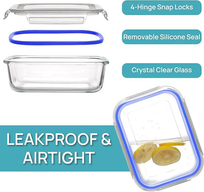 Vtopmart 5Pack 22oz Glass Storage Containers with Lids, Glass Meal Prep Food Container Sets with Snap Airtight Lids for Microwave, Oven, Freezer and Dishwasher, Blue
