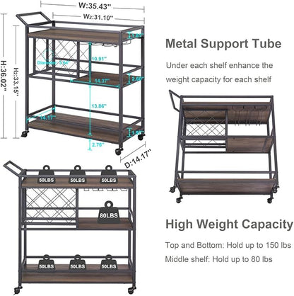 FATORRI Bar Cart for The Home with Wine Rack and Glasses Holder, Small Home Bar Serving Cart on Wheels for Liquor and Alcohol (Walnut Brown)