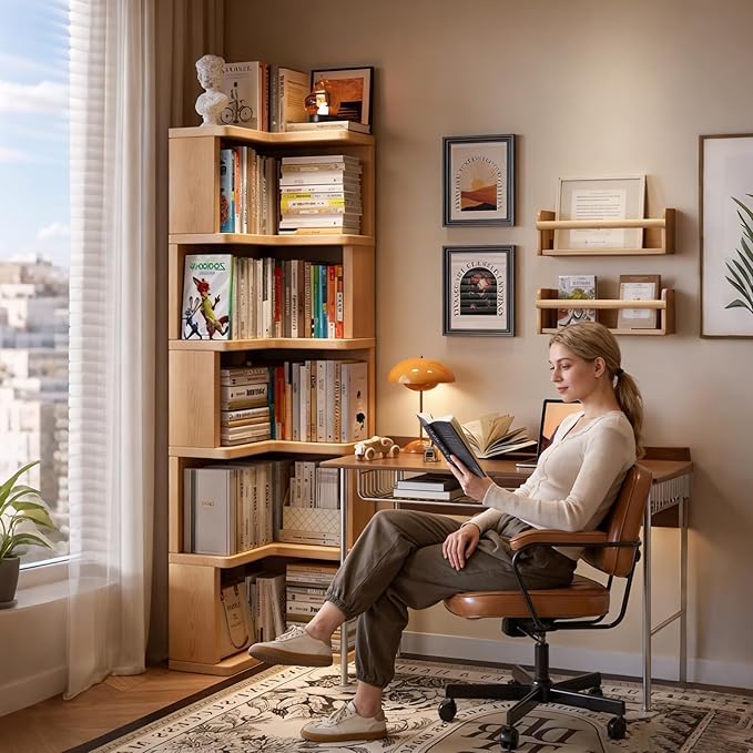 ALKSDNQ Corner Bookshelf, 3 Tier Corner Book Shelf Etagere Bookcase with Baffle, Freestanding L Shaped Display Shelf Stand for Home Office, Living Room, Bedroom, Brown