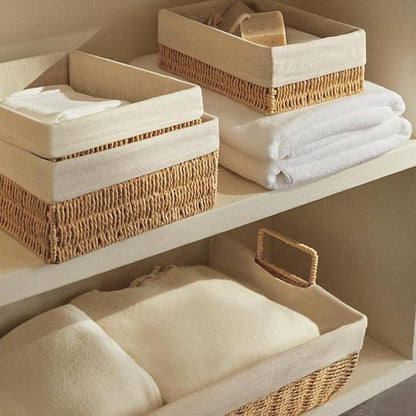Woven Storage Baskets Set of 3 – Handmade Paper Rope Rectangular Organizer for Closet, Bathroom, Shelf & Living Room, Decorative Khaki Storage Bins for Home
