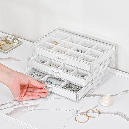 ProCase Earring Holder Organizer Jewelry Box with 3 Drawers, Acrylic Clear Earring Case with Adjustable Velvet Trays for Women - Warmwhite, 3 Layers