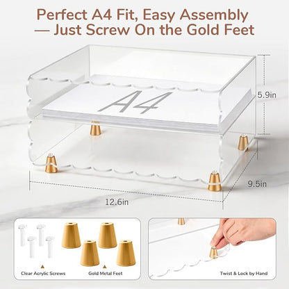 2+1 Tier Paper Letter Tray,Acrylic Desk Organizer with Scalloped Edge& Gold Metal Feet,Top Display Design,Space Saving Clear Organizer for Women, A4 File, Letter, Books,Notes,Home & Office